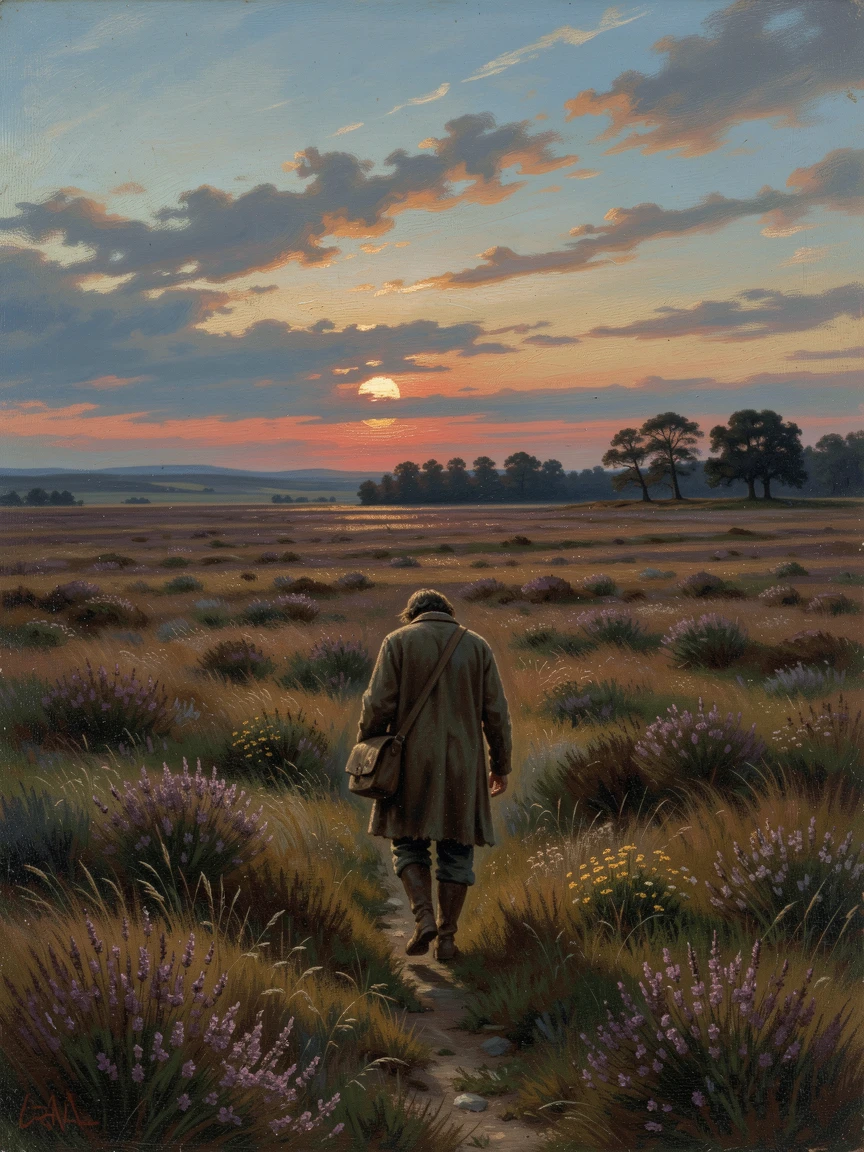 A lone traveler wanders through an open heath stretching to the horizon as evening shadows lengthen.