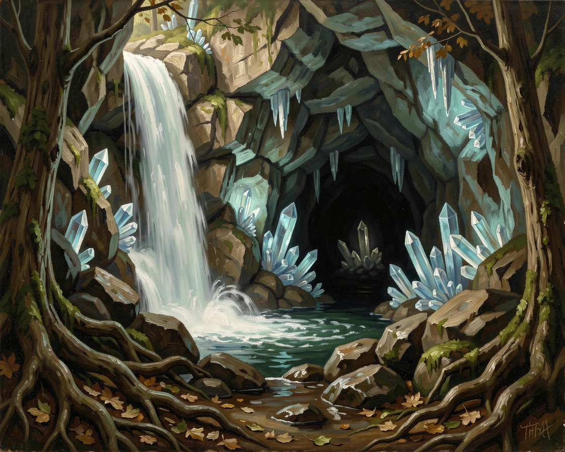 A hidden waterfall cascading into a glowing crystal-lit cave, with a sense of scale that conveys awe and grandeur, blending fantasy imagination with striking photorealistic detail