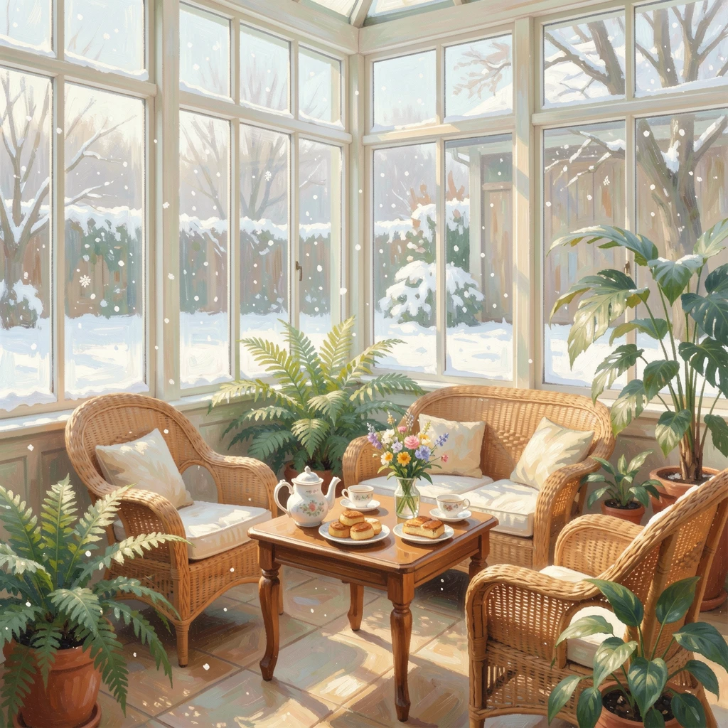 A sunlit conservatory filled with wicker furniture, ferns, and a table set for afternoon tea, amid a gentle winter snowfall, radiating serenity and gentle stillness.