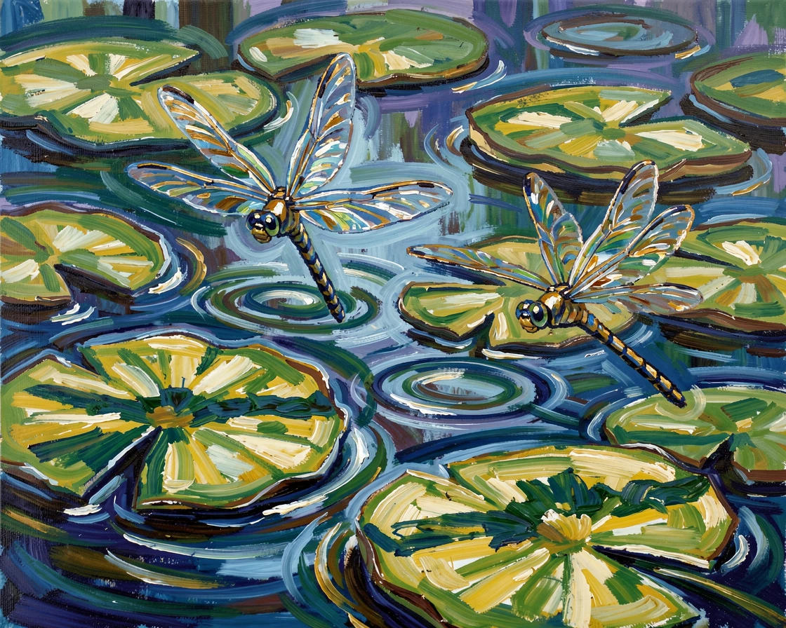 A pair of dragonflies hovering above a still pond dotted with lily pads.