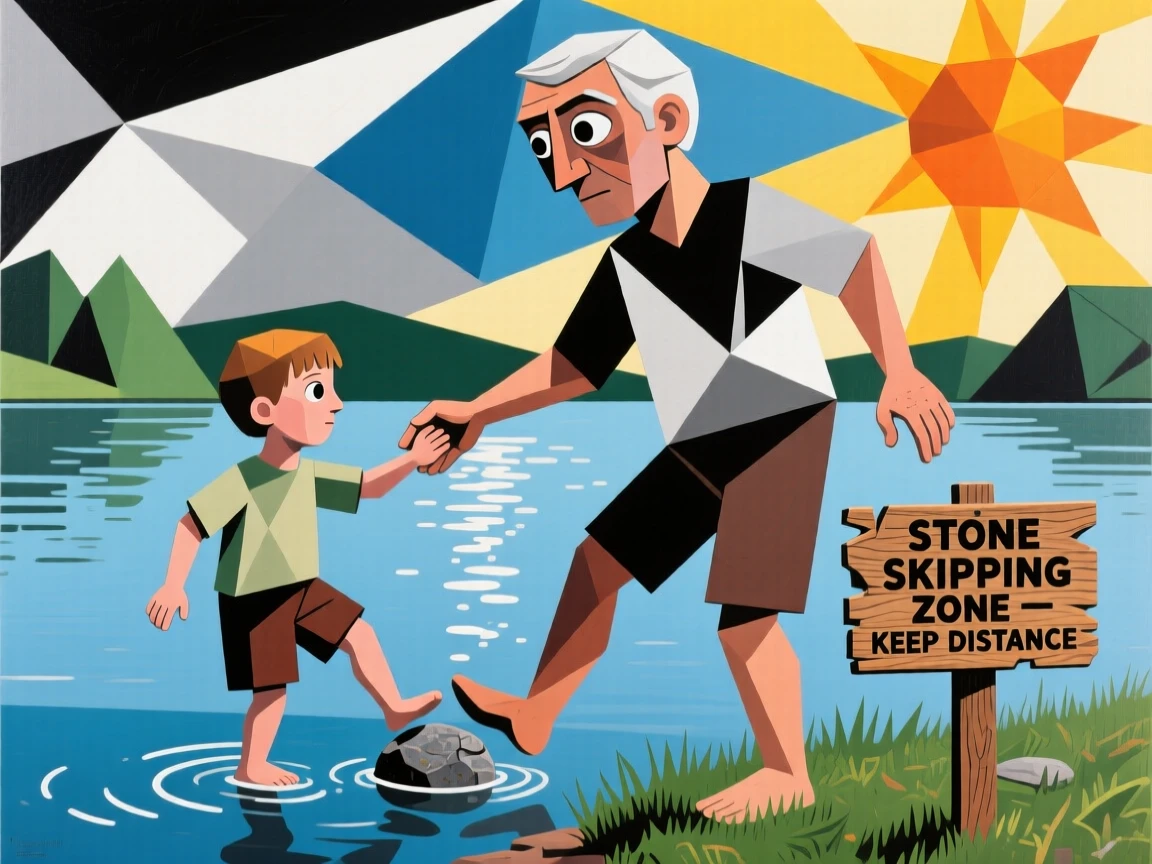 An older brother teaching his younger sibling to skip stones across a calm lake.