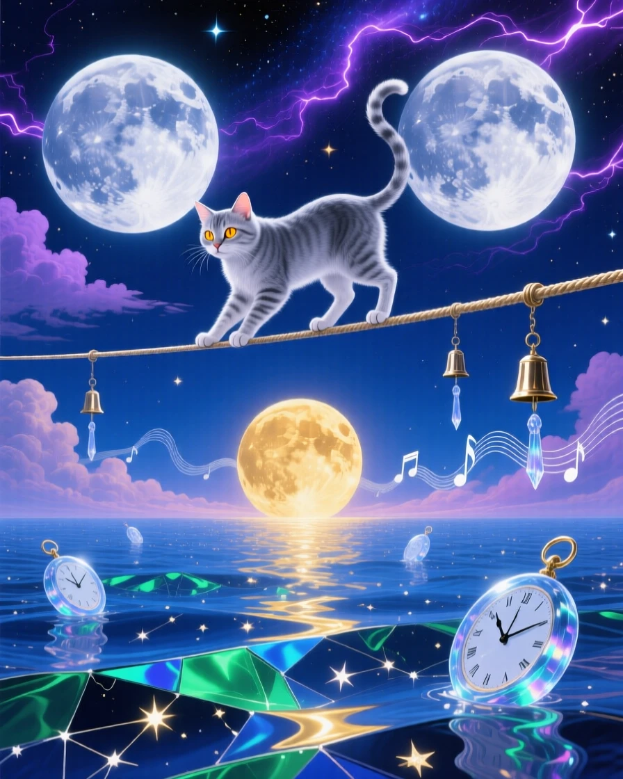 A cat balancing gracefully along a tightrope strung between two moons rests peacefully beneath the glow of a rising moon, while distant chimes seem to echo with each small movement.