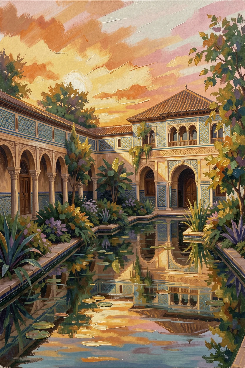 The floating gardens and canals of the Alcazar of Seville glow warm at sunset, intricate tile work catching the golden light, small architectural details rewarding a closer look at the surrounding structures.