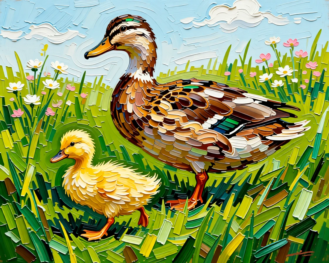 A heartwarming photo of a fluffy duckling following closely behind its mother across a green field