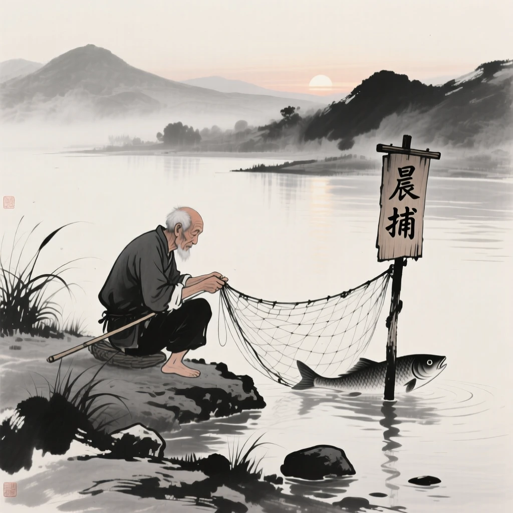 An old fisherman mends his nets on a quiet riverbank at dawn, as the first light of dawn breaks over distant hills.