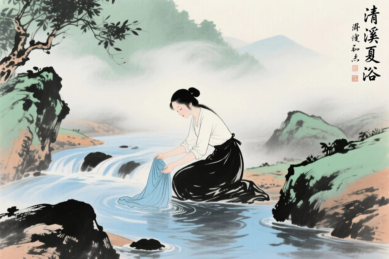 A woman washing silk in a clear mountain stream, through swirling morning fog, in the height of summer.