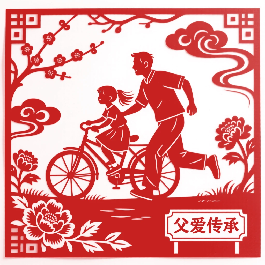 A father teaching his daughter to ride a bicycle in a quiet park, running alongside with a steadying hand