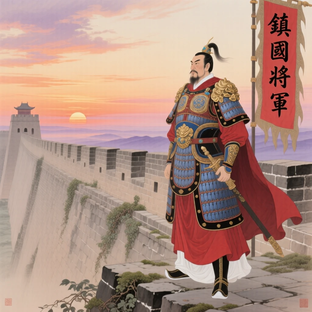 A general in ceremonial armor standing atop a fortress wall at sunset, as the last light of day fades over the horizon
