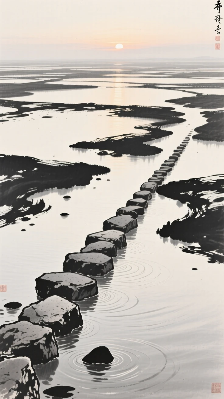 A stone causeway crossing a shallow tidal flat in the stillness just before sunrise, viewed from a high vantage point looking down across the whole scene, conveying calm reflection and gentle isolation.
