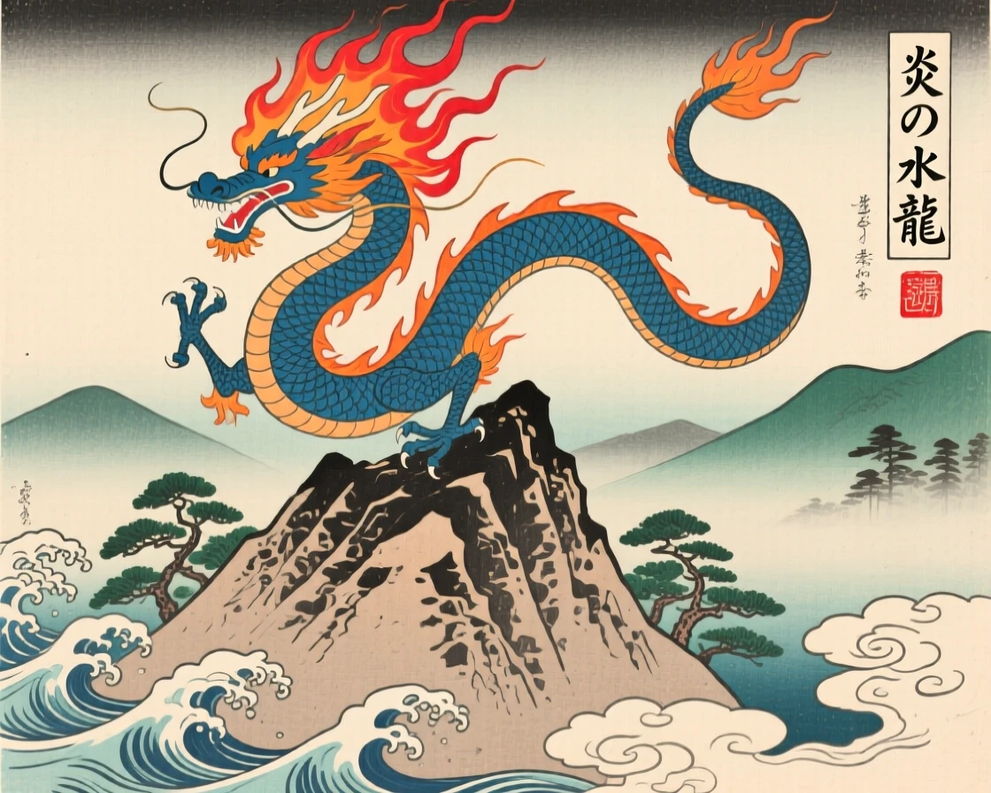 A water dragon bursting into flame above a mountain peak.