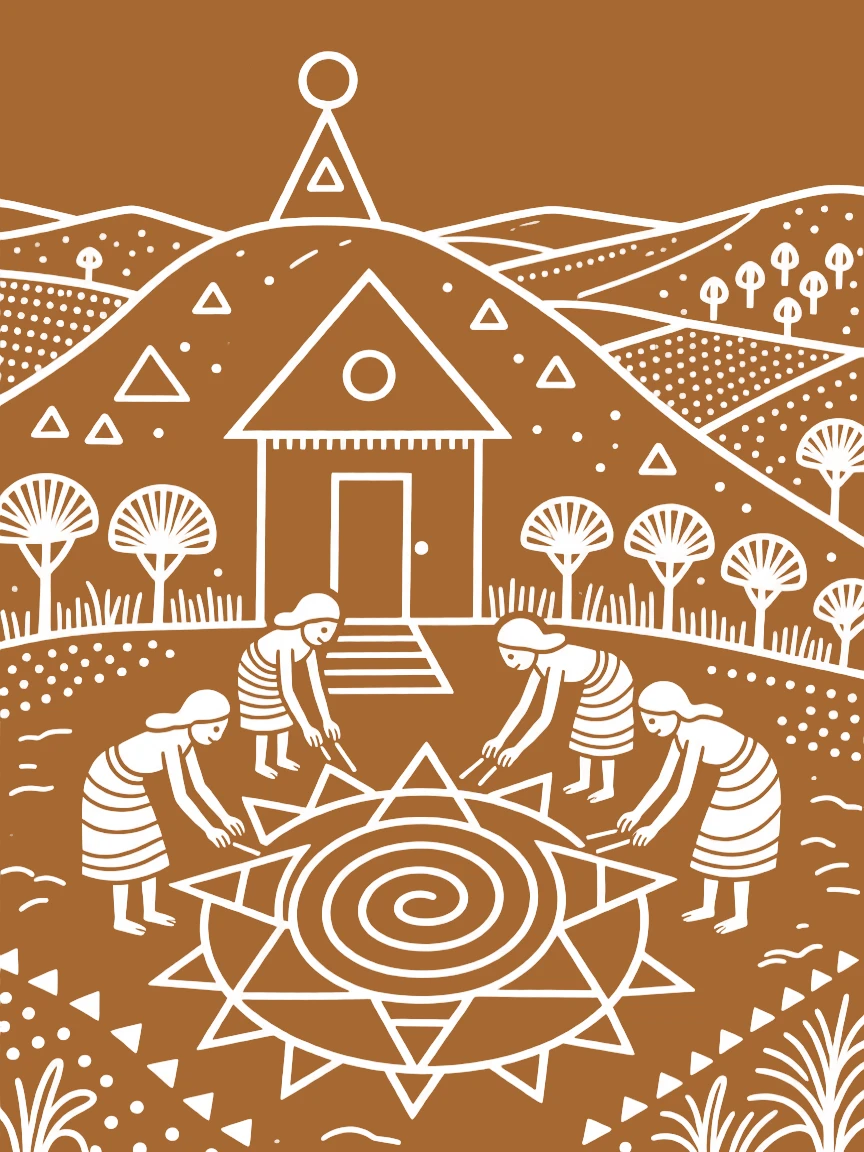 A group of women drawing a ritual pattern at their doorstep at a hilltop shrine overlooking the valley.