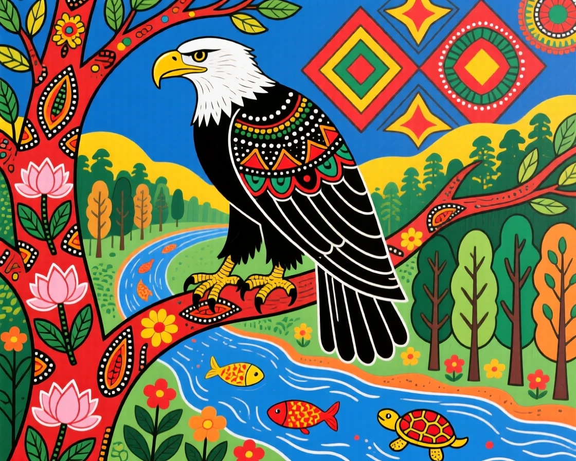 A bald eagle perched high above a forested river valley.