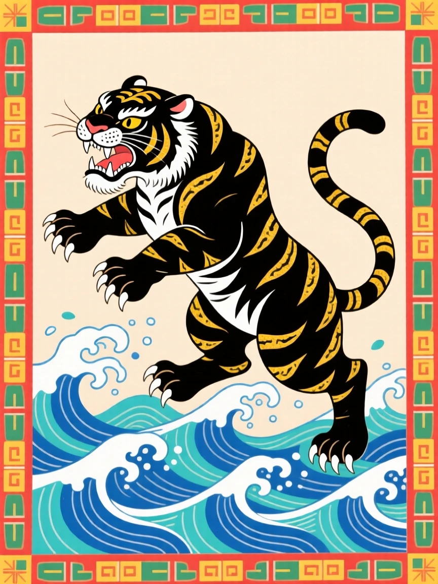A fierce black tiger rising above crashing ocean waves.