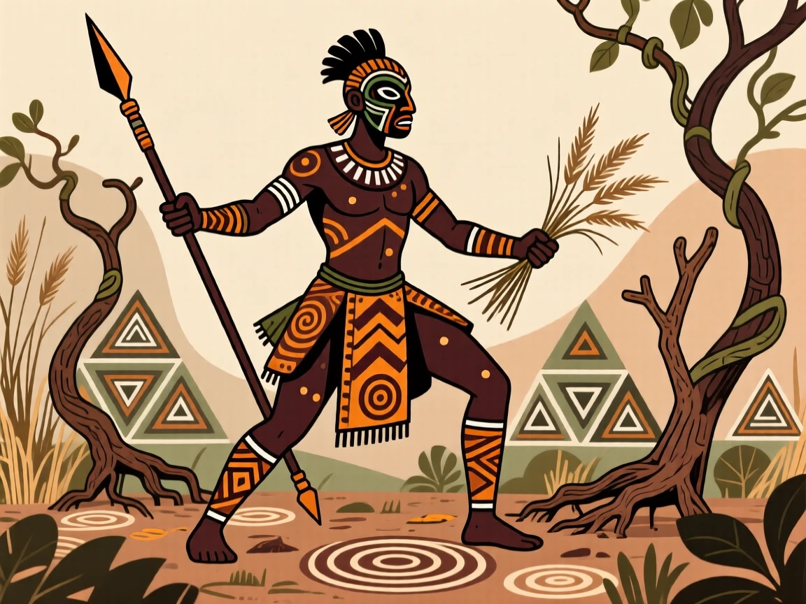 A spear-wielding warrior gathering materials from the surrounding land.