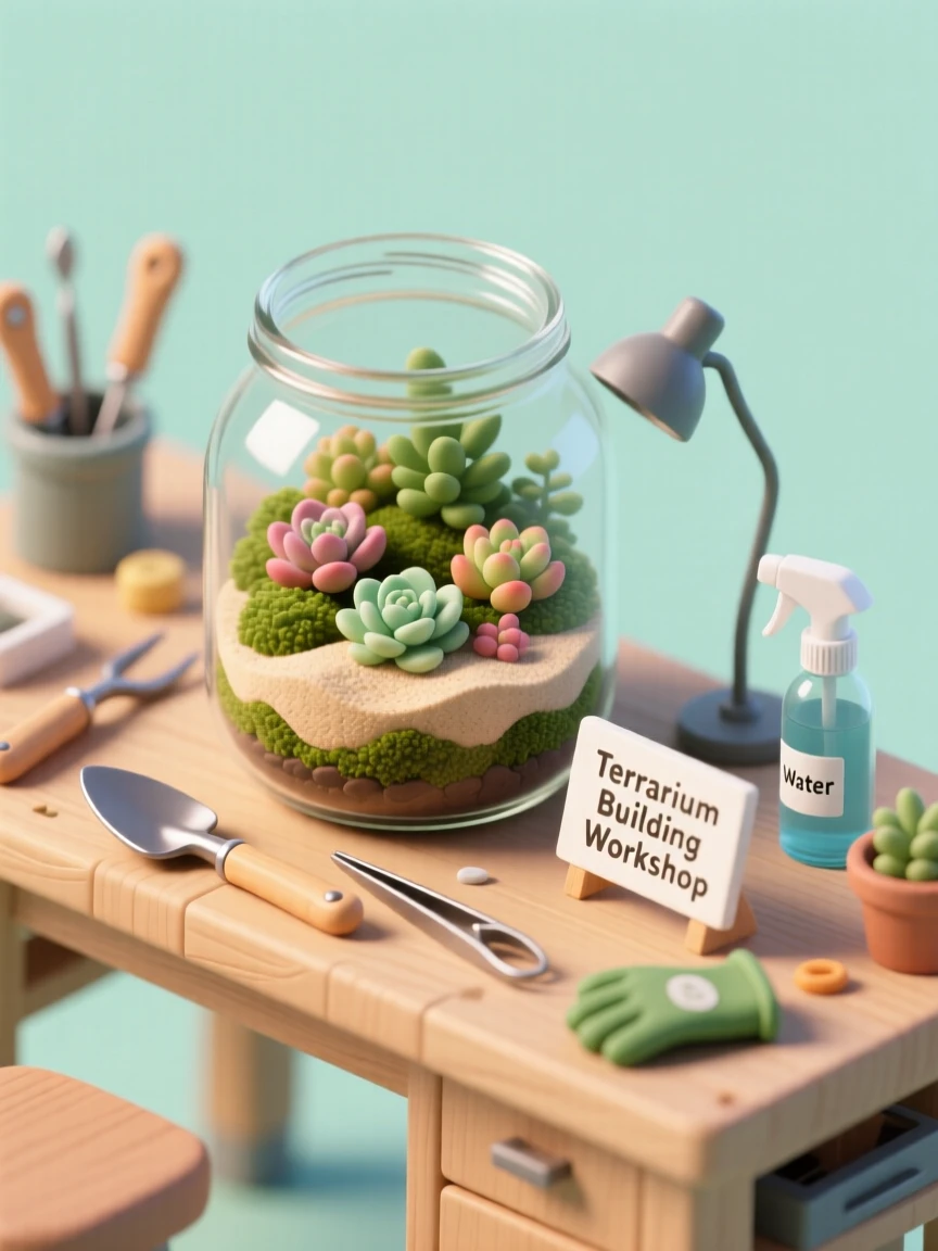 A terrarium building workshop with layers of sand, moss, and tiny succulents being arranged carefully in a glass jar.