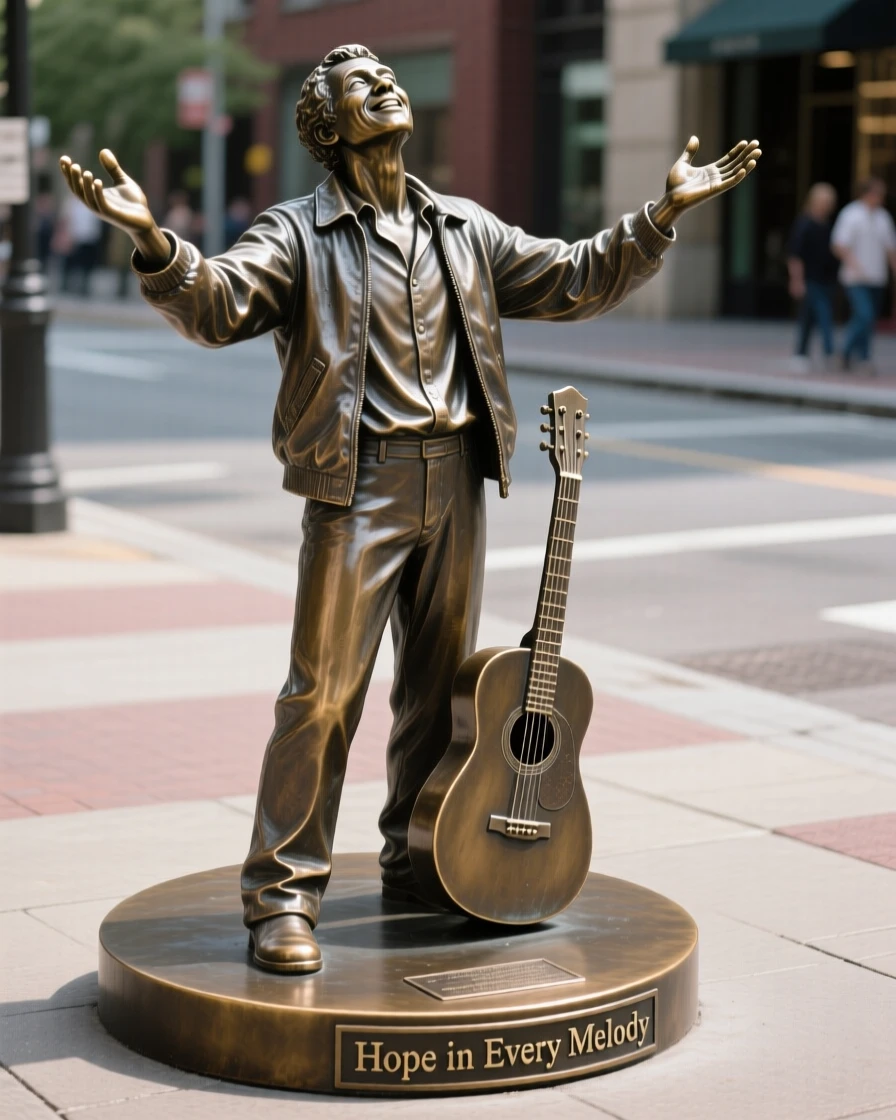 A street musician, with hands outstretched in a gesture of hope, forming a strong central focal point