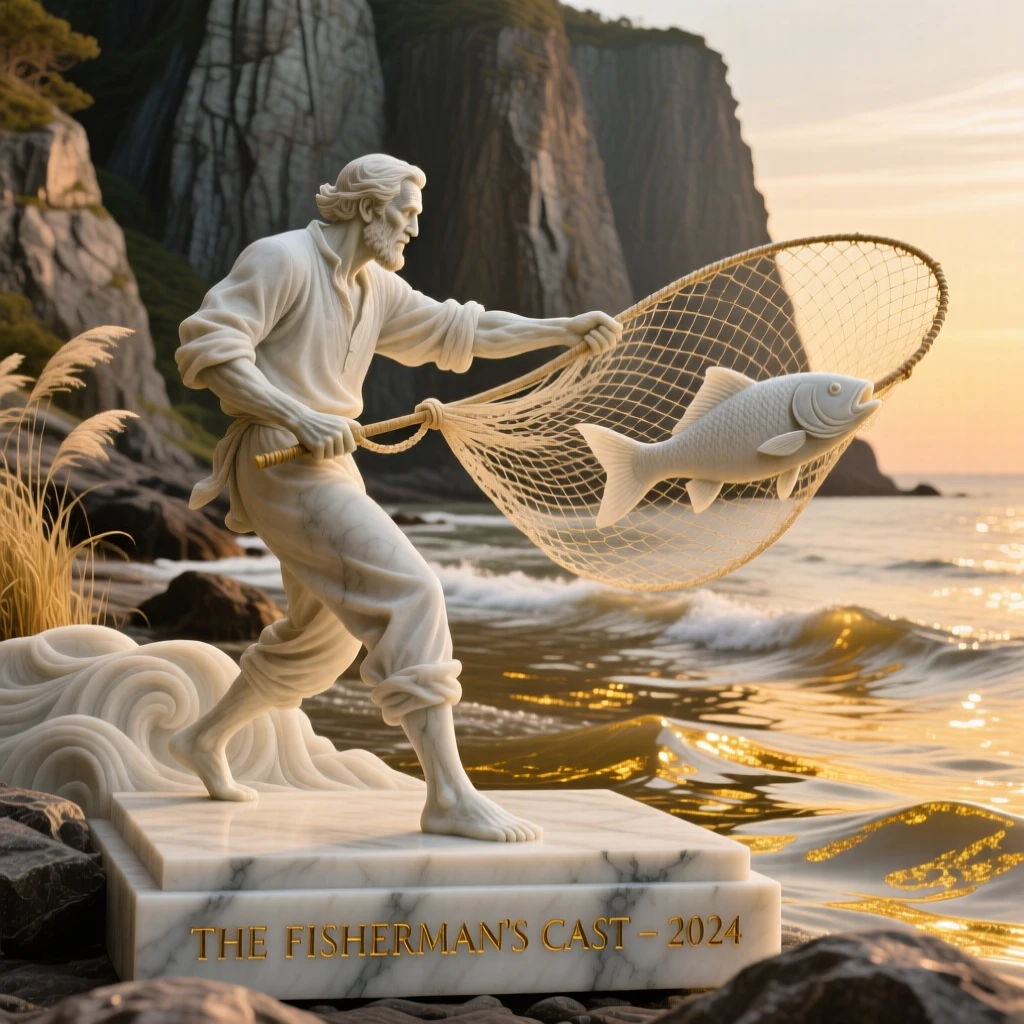 An evocative depiction of a fisherman casting his net into golden waters, framed by dramatic natural scenery, balancing detail with emotional depth