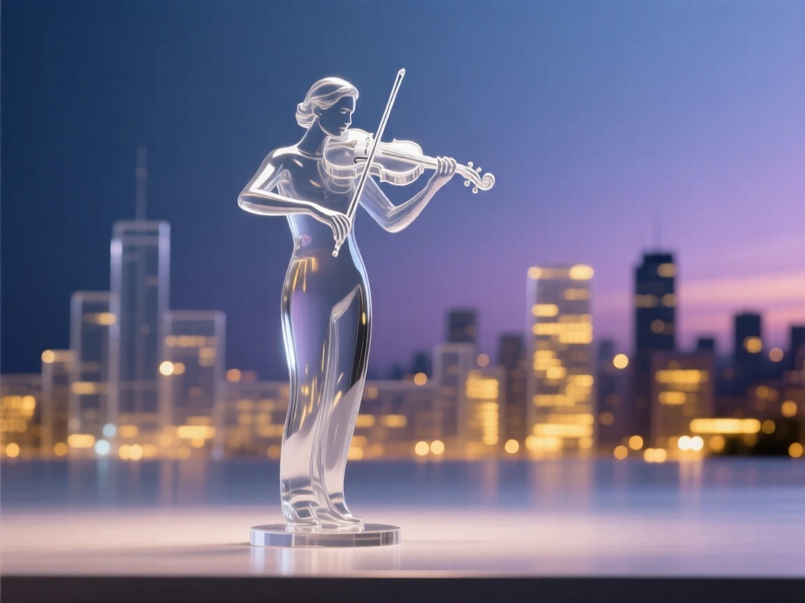 Overlooking a city skyline glowing with evening lights, a violinist performing alone on an empty stage