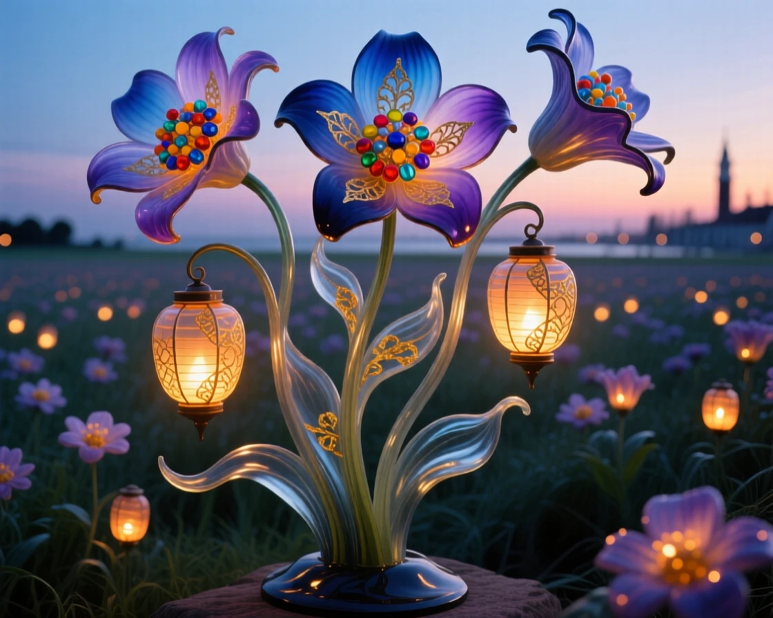 A field where every flower blooms into a tiny glowing lantern at dusk, magical and serene.