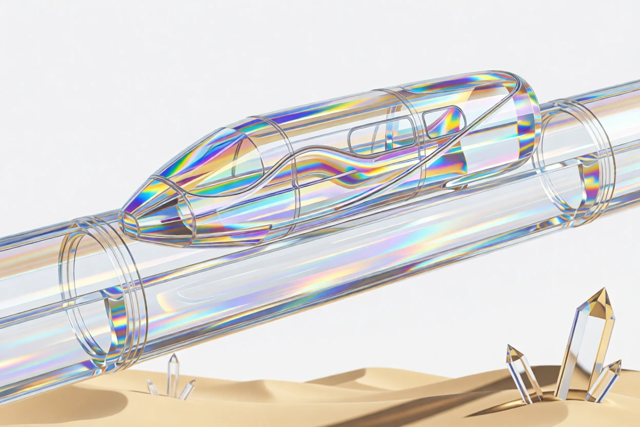 A futuristic hyperloop pod speeding through a transparent tube above a desert landscape.