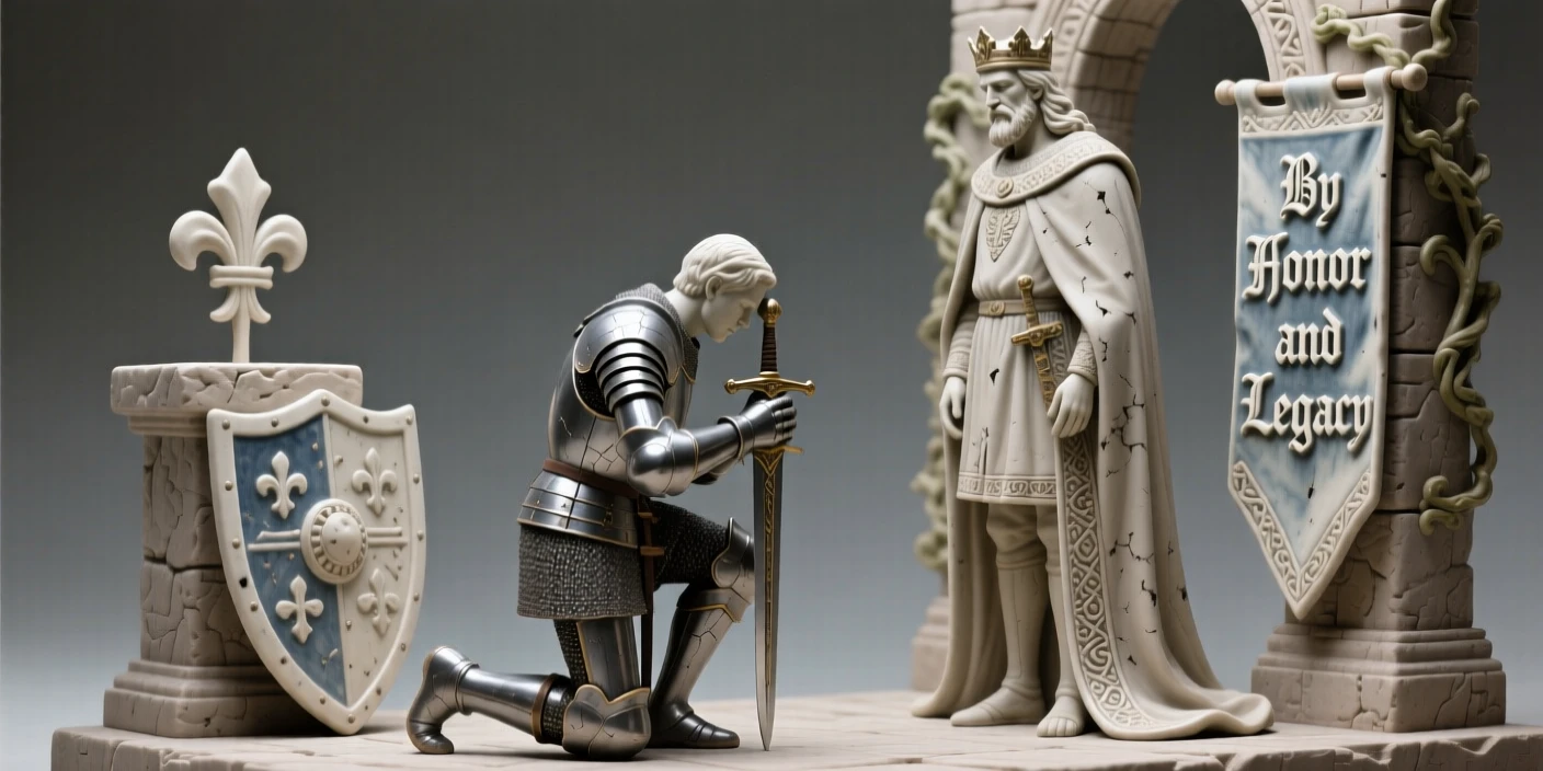 A medieval knight kneeling before his king standing in a commanding, timeless pose, surrounded by symbols of ancient heritage, capturing the weight of history in a single gaze.
