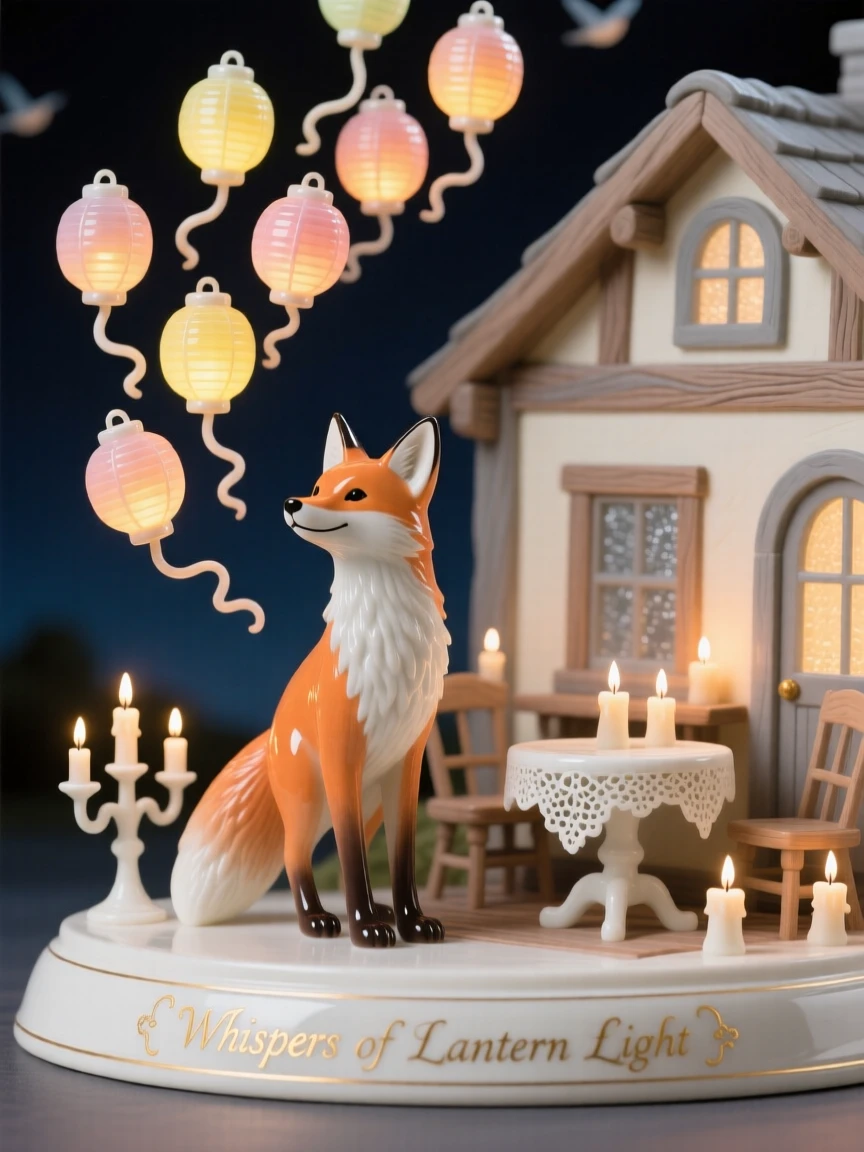 A whimsical scene of a talking fox releasing a flock of glowing lanterns into the night sky in a cozy candlelit cottage.