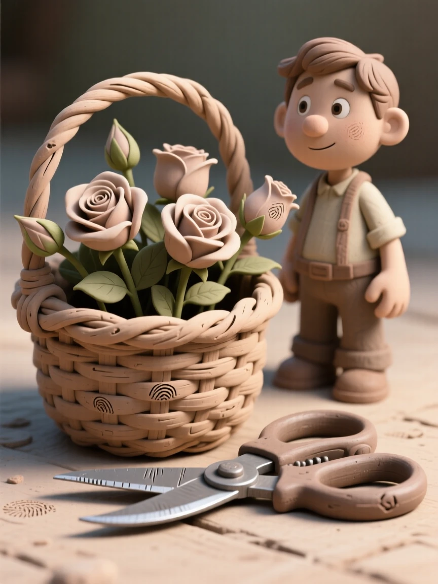 A basket of freshly cut roses beside a pair of garden shears