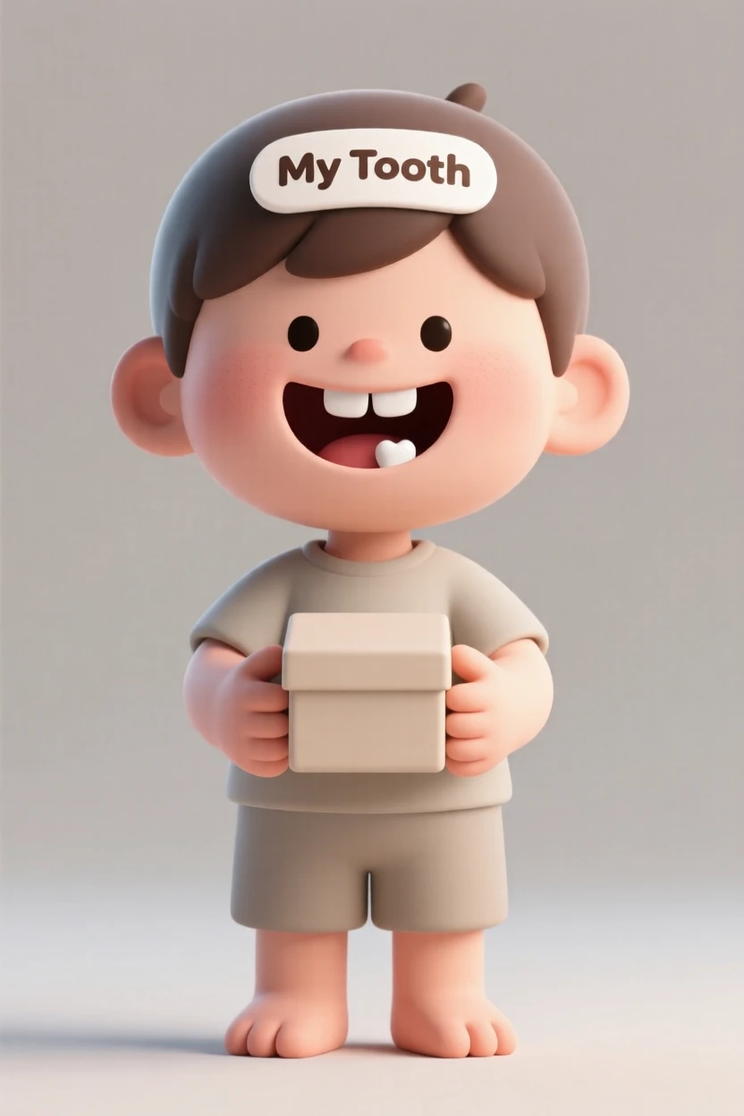 A proud child shows off a gap-toothed grin after losing a tooth, holding it carefully in a small box.