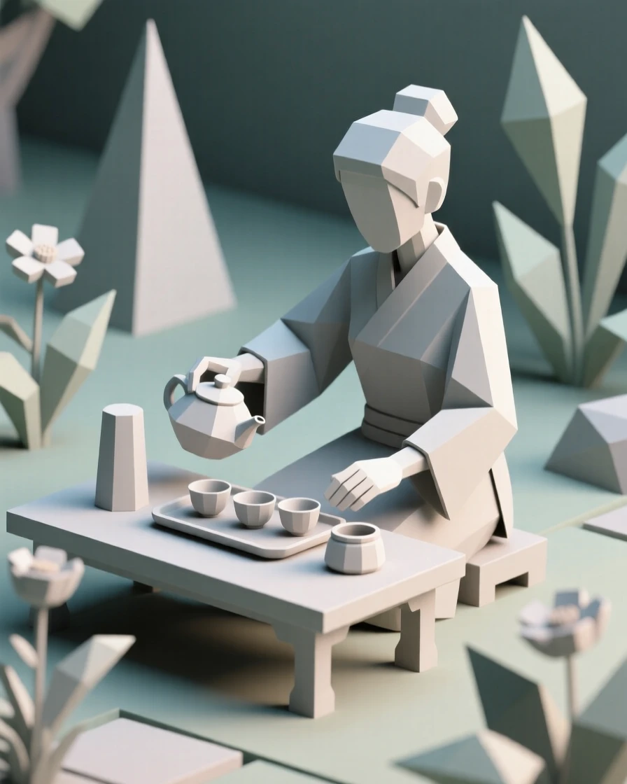 A tea ceremony host preparing a traditional tea set, amid a quiet, colorful garden. fine details highlight skill and craftsmanship. The moment radiates confidence and joy.