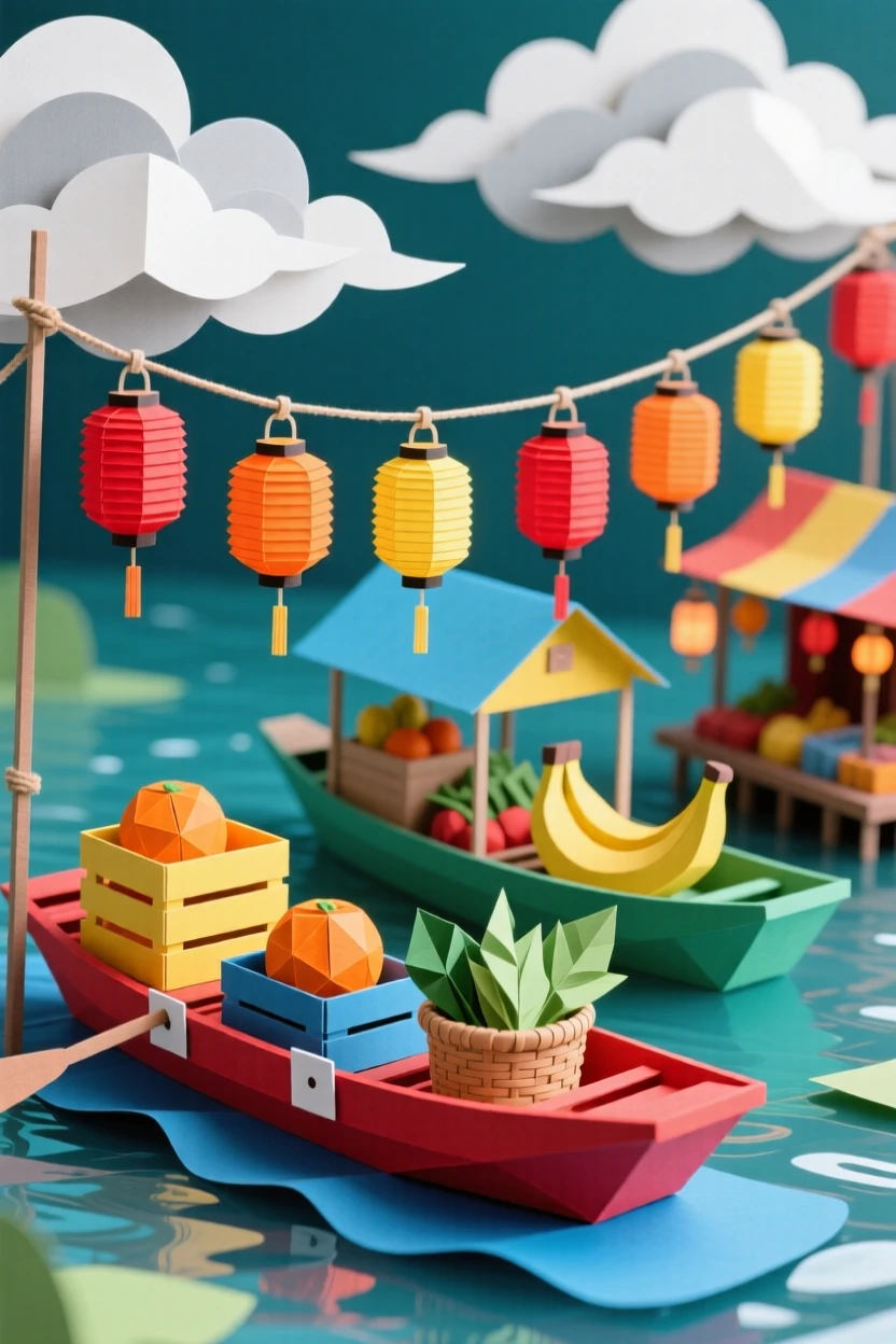 A colorful floating market framed by dramatic clouds overhead, with lanterns swaying gently in the breeze, evoking wanderlust and cultural charm.