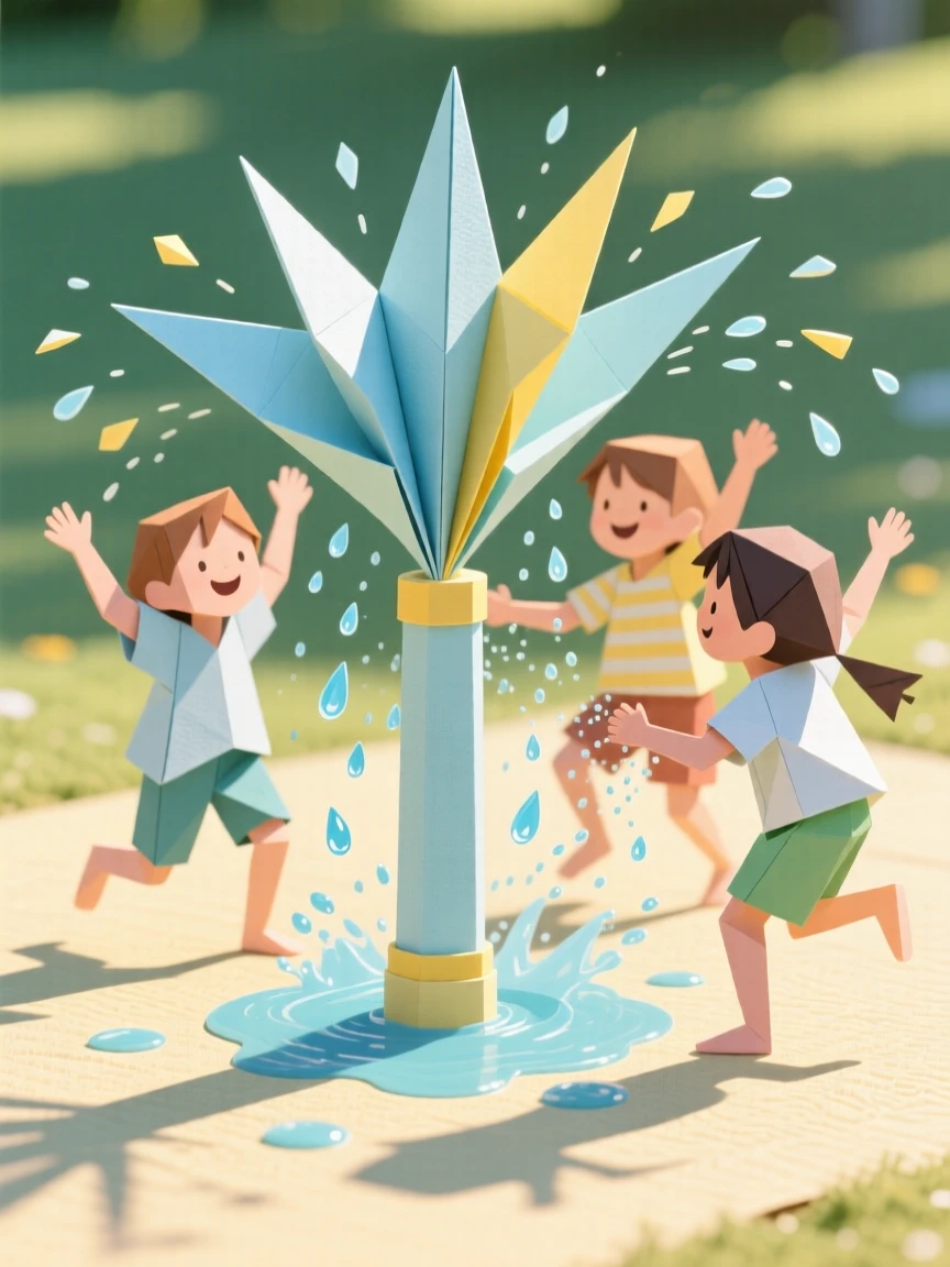 A group of children splashing in a sprinkler on a hot summer afternoon.