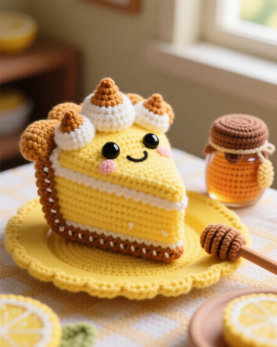 a happy slice of lemon meringue pie, with toasted meringue peaks, is shown served on a bright yellow plate on a cozy breakfast nook bathed in morning light beside a small jar of honey with a wooden dipper, capturing bright, appetizing cheerfulness.