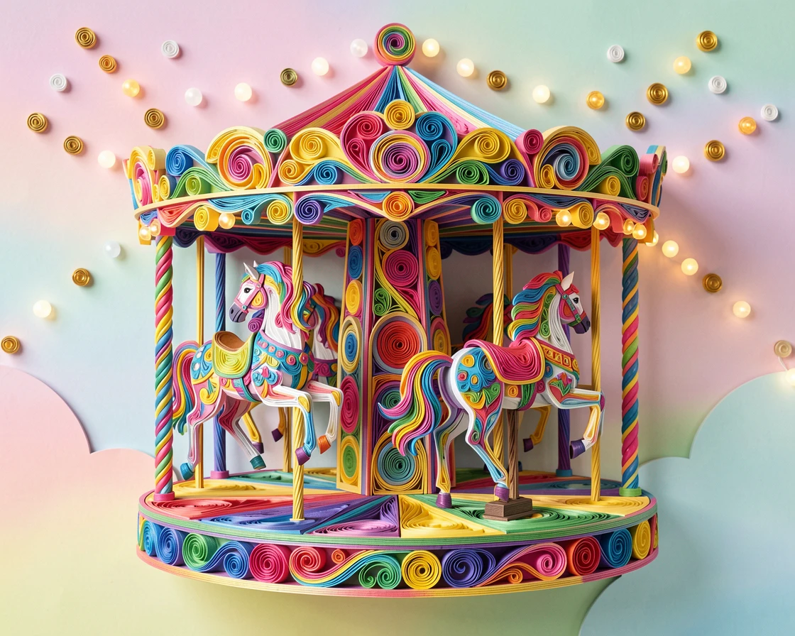 a carousel with painted horses spinning under lights, in a candy-colored dreamland, composed with playful, bouncy rounded shapes throughout, in a cheerful rainbow palette.