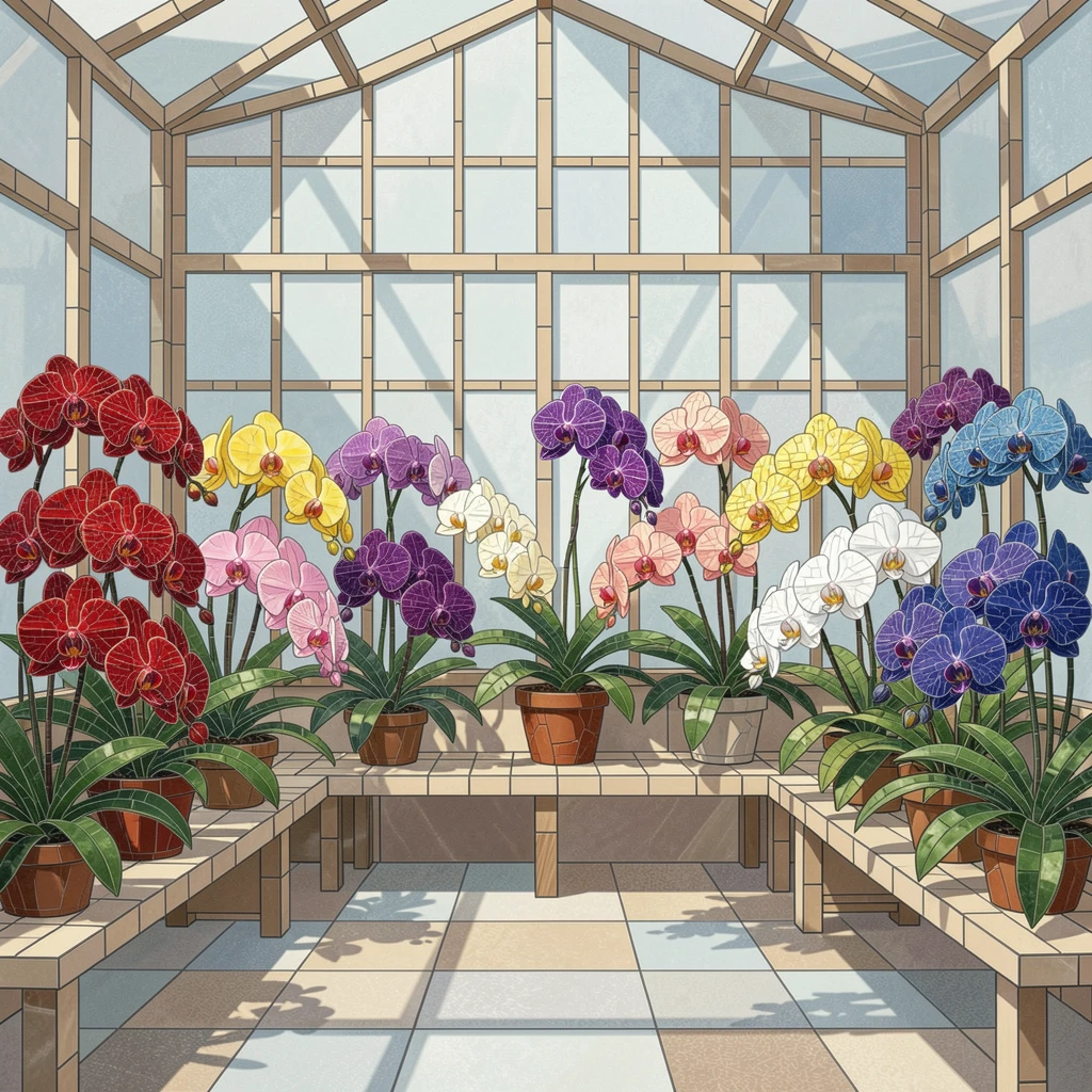 A greenhouse filled with exotic orchids in every color.