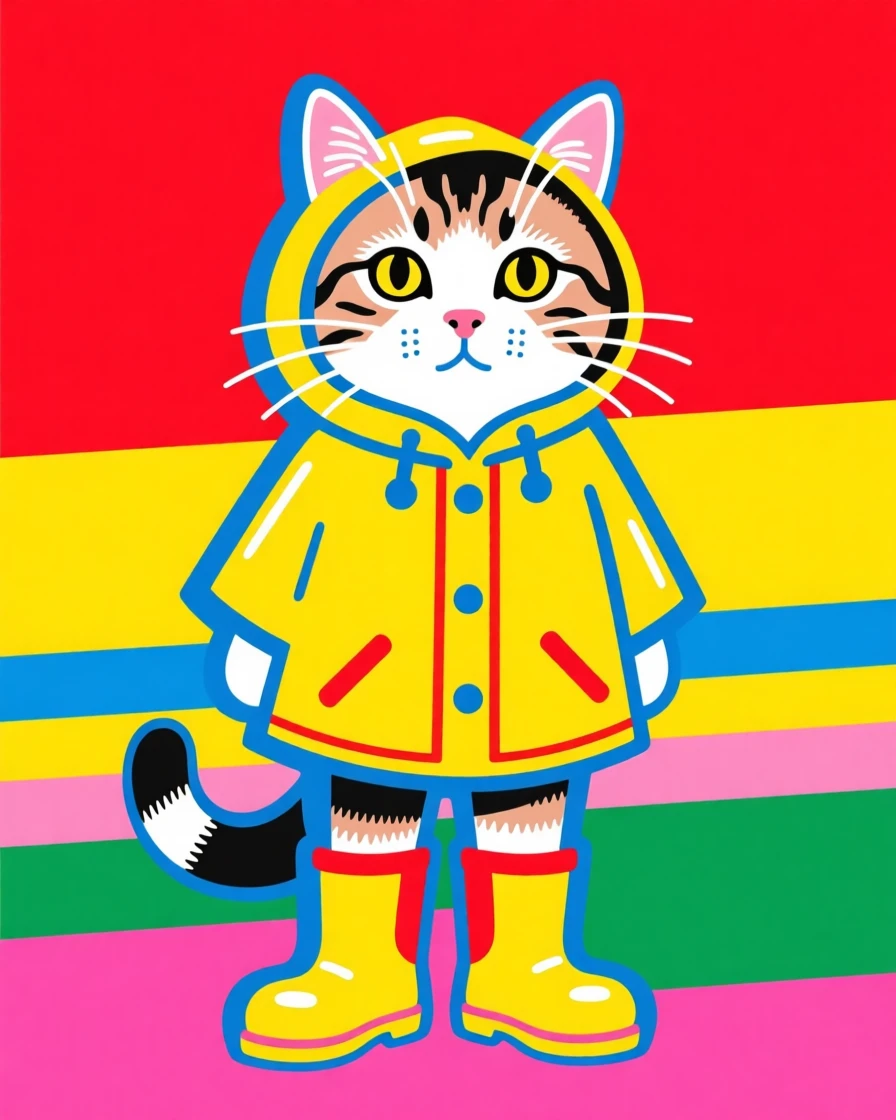 Cat wearing a tiny raincoat and boots