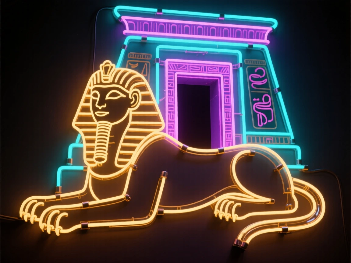 A sphinx reclining before the entrance to a hidden temple.