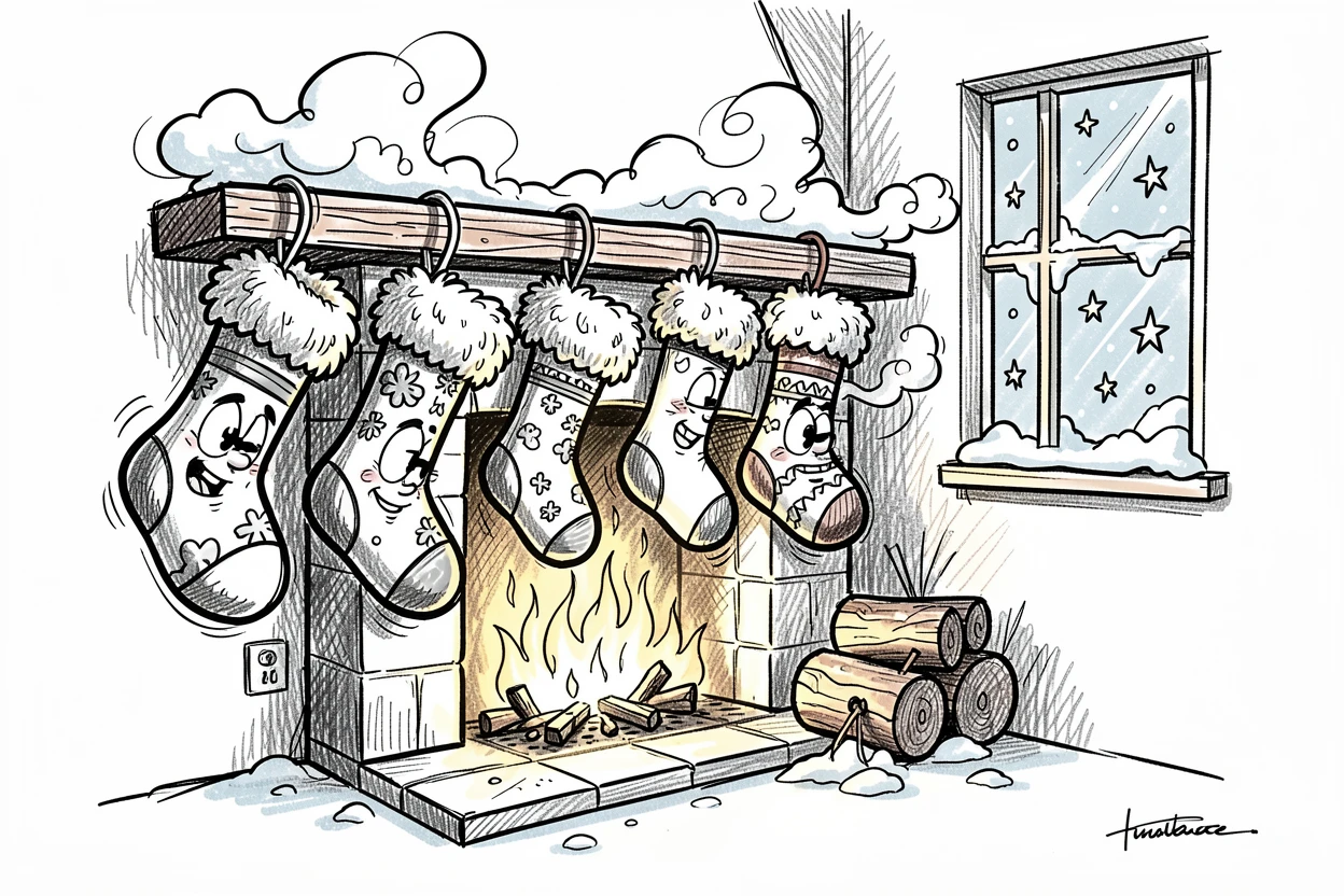 A row of stockings hung by a fireplace on a snowy winter morning.