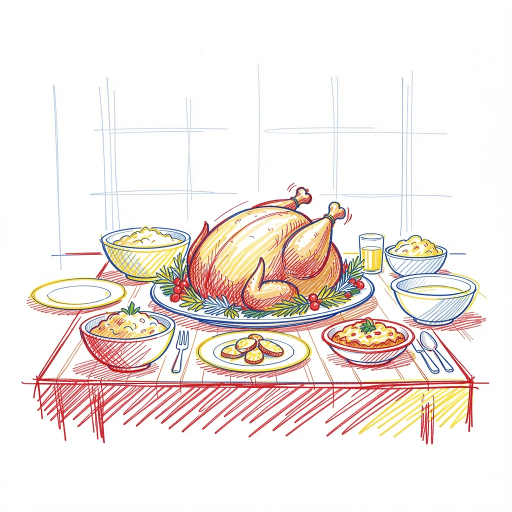 A festive holiday table set with a roasted turkey and all the trimmings