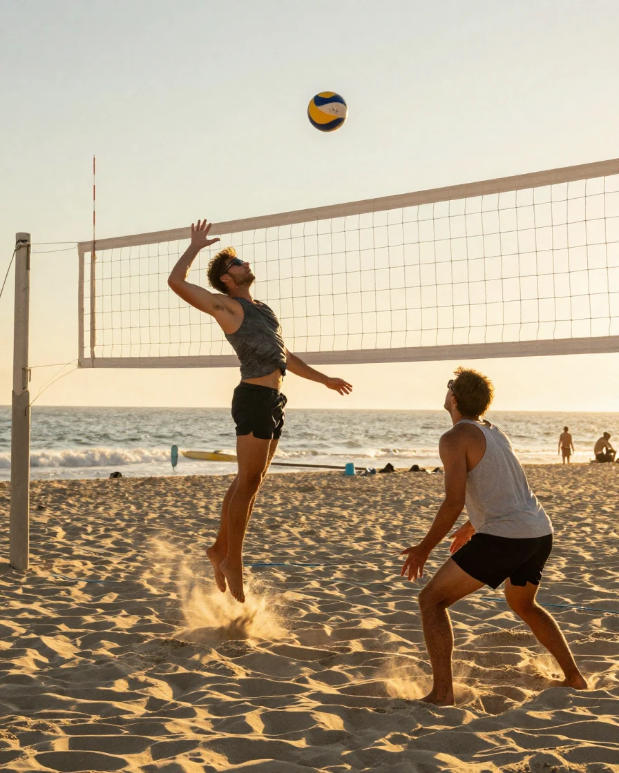 A beach volleyball match at golden hour