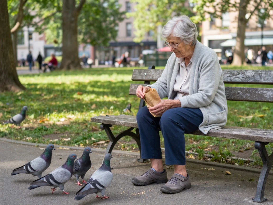 An elderly woman feeds pigeons from a paper bag on a park bench, birds gathering at her feet.