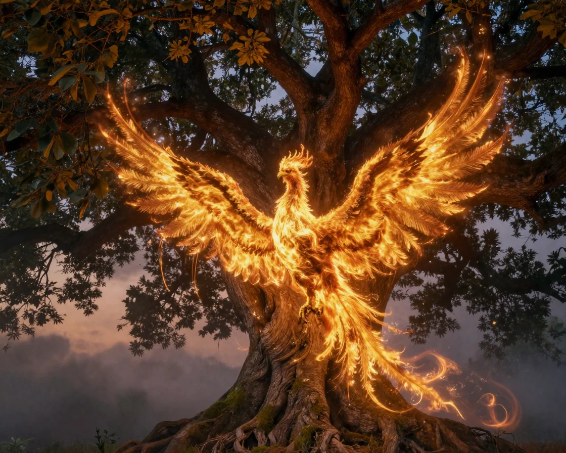 A phoenix wreathed in golden flame appearing beneath the branches of a world tree as magic fills the air