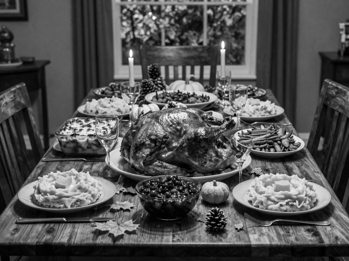A Thanksgiving dinner table overflows with warm seasonal dishes around a warmly lit dining room.