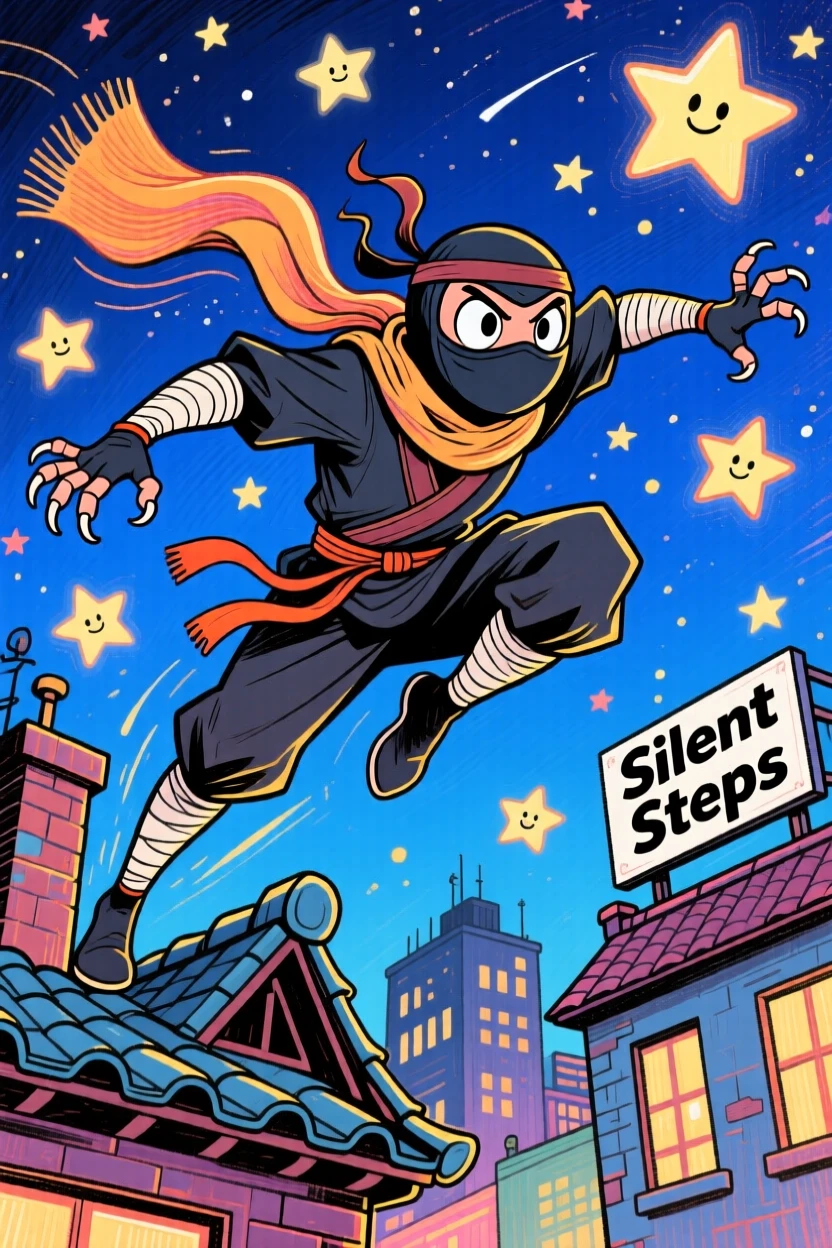 A masked ninja leaping silently across rooftops under a starlit sky.