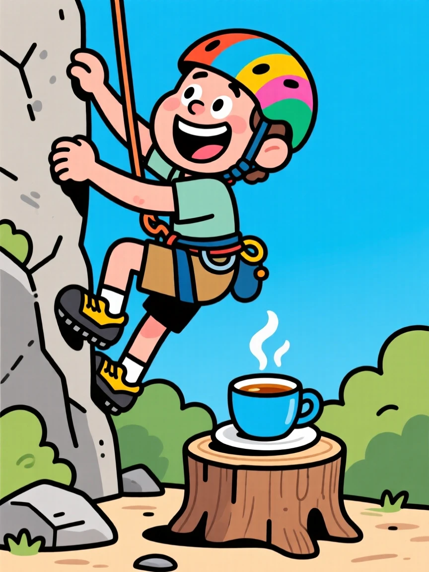 An everyday-life snapshot of a weekend rock climber, grinning at a small but satisfying success, with a cup of tea cooling nearby.