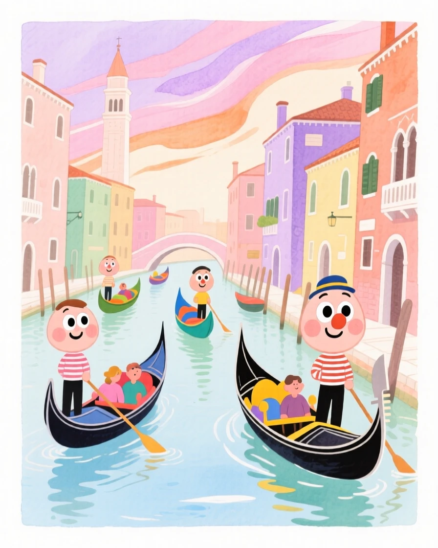 A dreamy travel postcard scene of the canals of Venice lined with colorful gondolas under a dramatic pastel sky