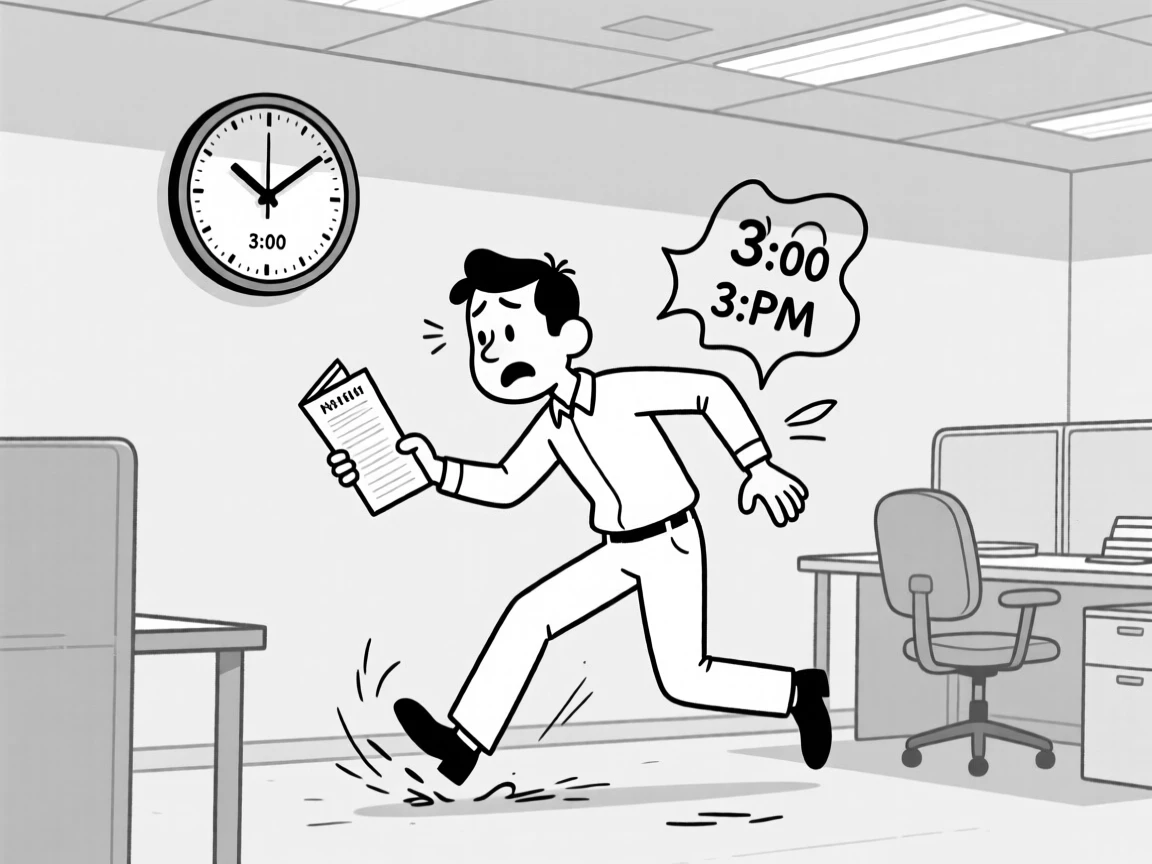 A person trying to act natural after tripping in public, holding the menu at arm's length in disbelief, set in a fluorescent-lit office at 3pm. A clock on the wall reads an alarmingly late hour. It's the kind of relatable blunder everyone secretly recognizes.