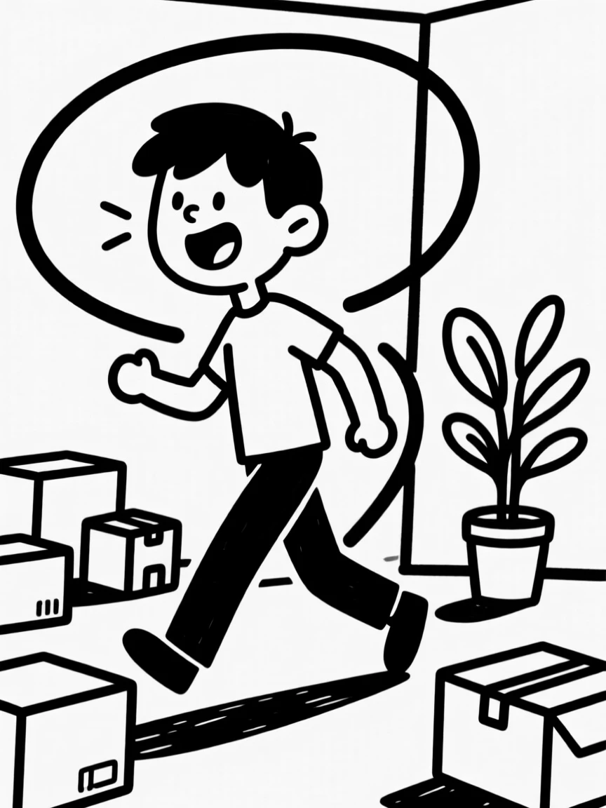 A young adult moving into their first apartment, surrounded by boxes and a lone houseplant.