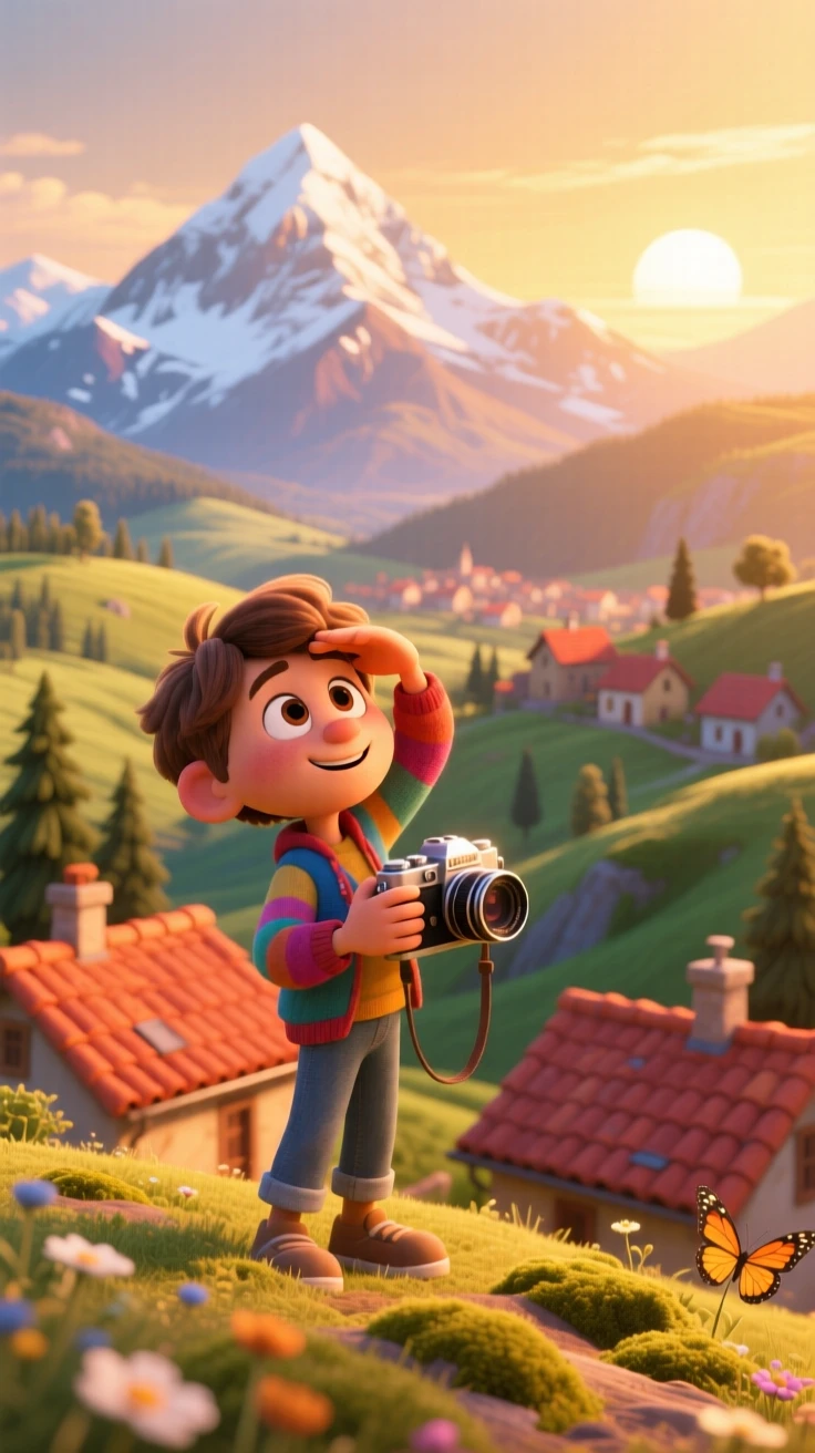 A photographer studying the horizon stands in front of a snow-capped mountain range, pausing to breathe in the fresh mountain air. A warm sense of gratitude and wanderlust colors the moment, with terracotta rooftops stretching into the distance.
