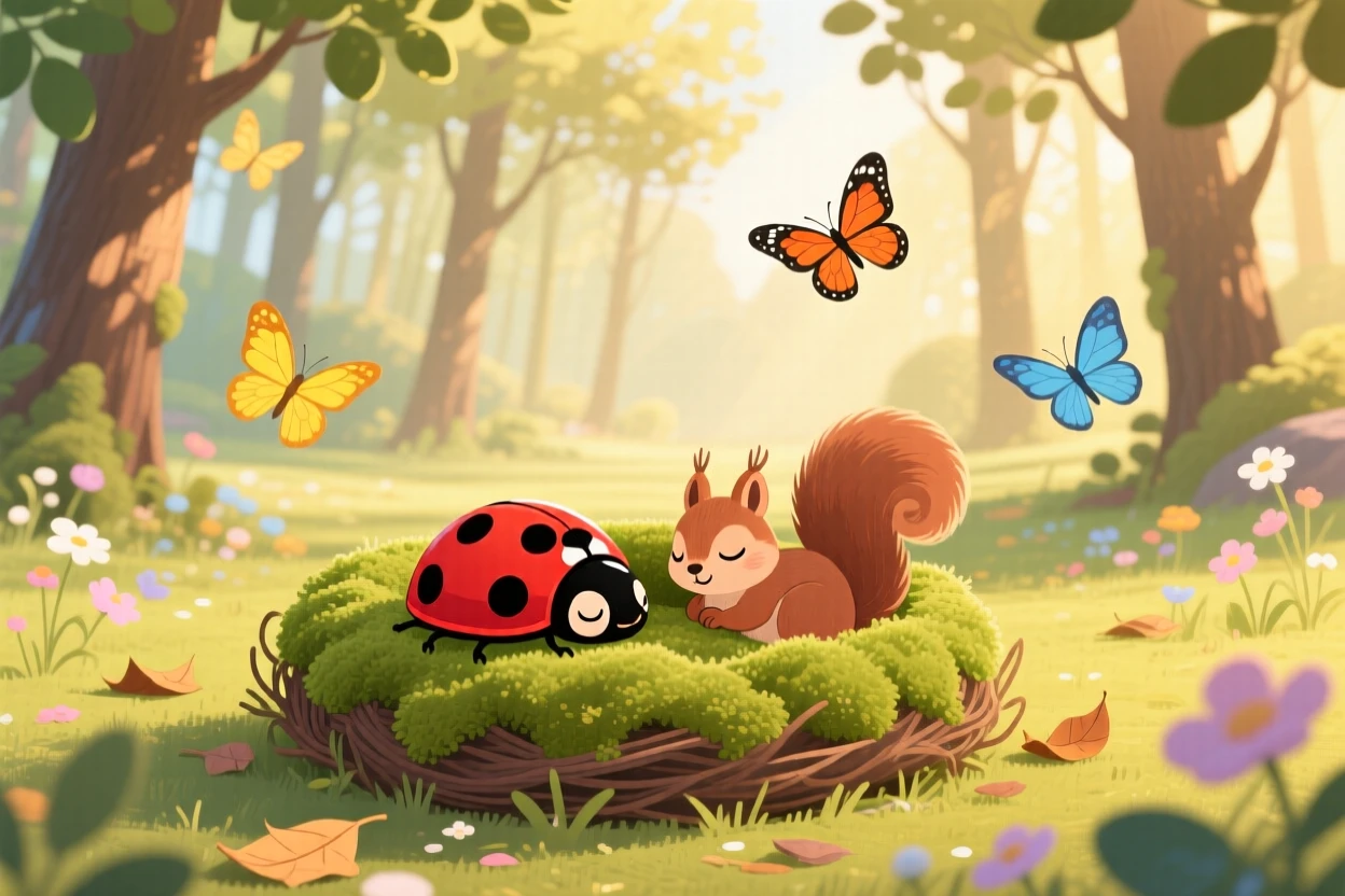 Near a quiet forest clearing, a spotted ladybug is napping in a nest of soft moss alongside a small woodland friend, while butterflies flutter nearby.