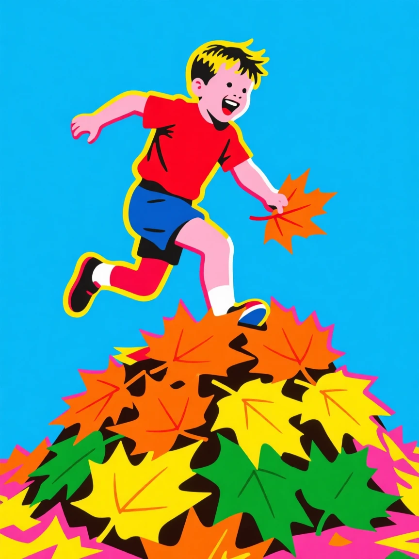 A child building a leaf pile before jumping into it